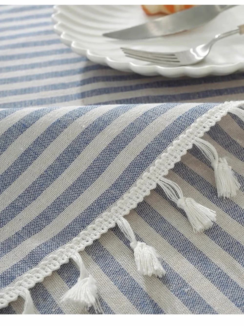 Striped Blue and White Tassel Tablecloth - Home Dining